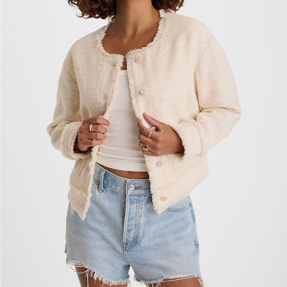 Express |  Tweed Novelty Button
Cropped Jacket - Multi Beige